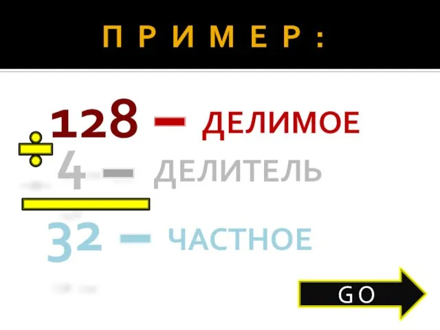 П Р И М Е Р : 128 4 ДЕЛИМОЕ ДЕЛИТЕЛЬ 32 ЧАСТНОЕ G O