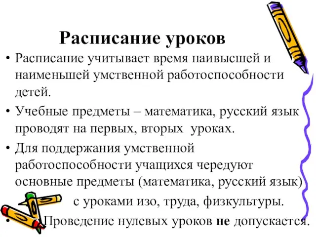 Расписание уроков Расписание учитывает время наивысшей и наименьшей умственной работоспособности детей. Учебные