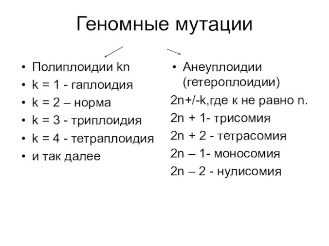 Геномные мутации Полиплоидии kn k = 1 - гаплоидия k = 2