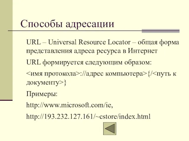 Способы адресации URL – Universal Resource Locator – общая форма представления адреса