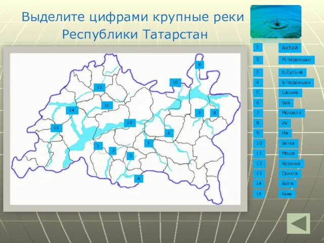 Выделите цифрами крупные реки Республики Татарстан Актай М.Черемшан Б.Сульча Б.Черемшан 1 2