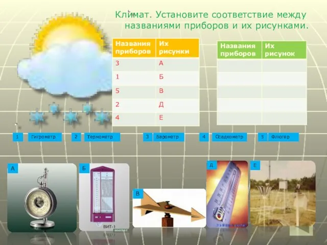 Климат. Установите соответствие между названиями приборов и их рисунками. Флюгер Гигрометр Термометр