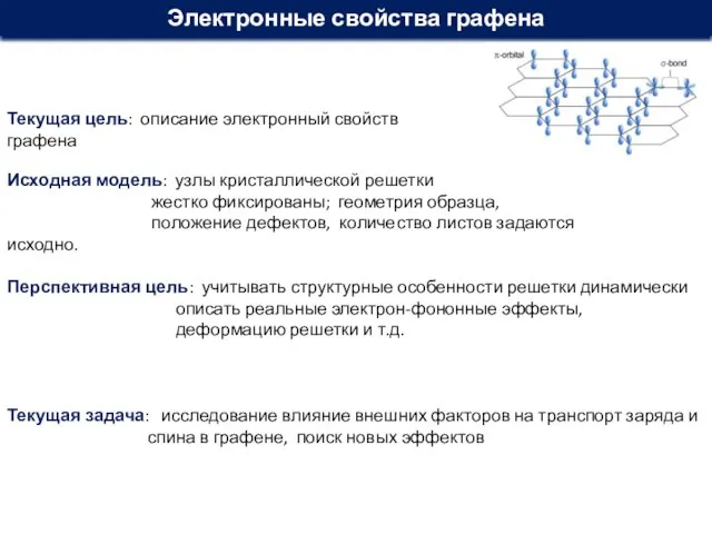 Электронные свойства графена Текущая цель: описание электронный свойств графена Исходная модель: узлы