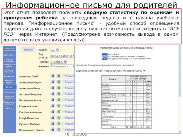 Копылова Е.П. 18.12.2009 Информационное письмо для родителей Этот отчет позволяет получить сводную