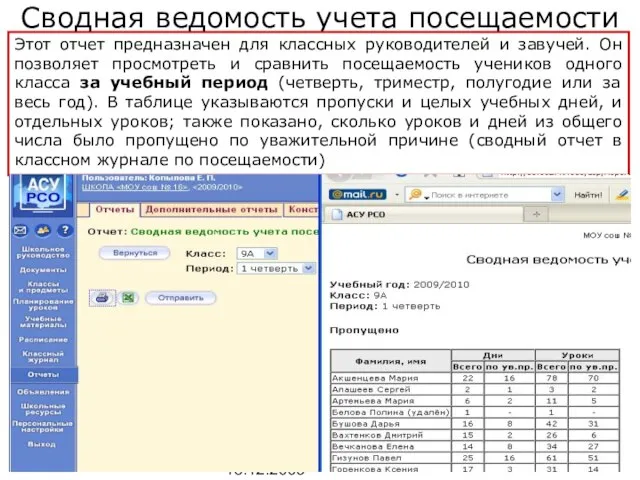 Копылова Е.П. 18.12.2009 Сводная ведомость учета посещаемости Этот отчет предназначен для классных