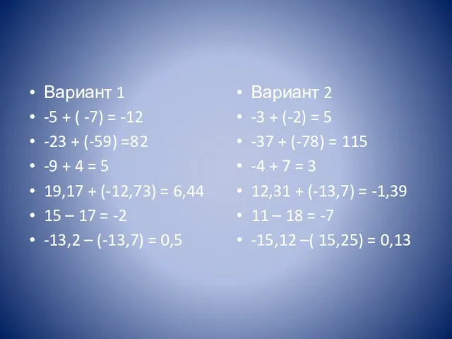 Вариант 1 -5 + ( -7) = -12 -23 + (-59) =82