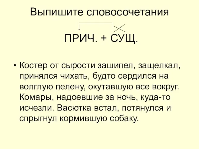 Выпишите словосочетания ПРИЧ. + СУЩ. Костер от сырости зашипел, защелкал, принялся чихать,