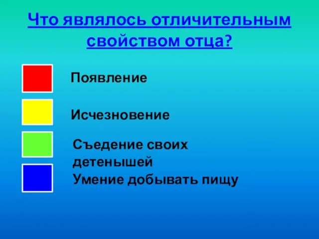 Что являлось отличительным свойством отца? Исчезновение Появление Съедение своих детенышей Умение добывать пищу