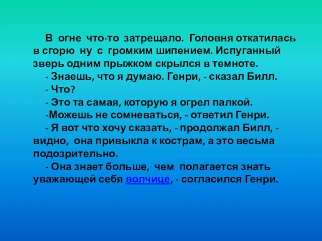 В огне что-то затрещало. Головня откатилась в сгорю ну с громким шипением.