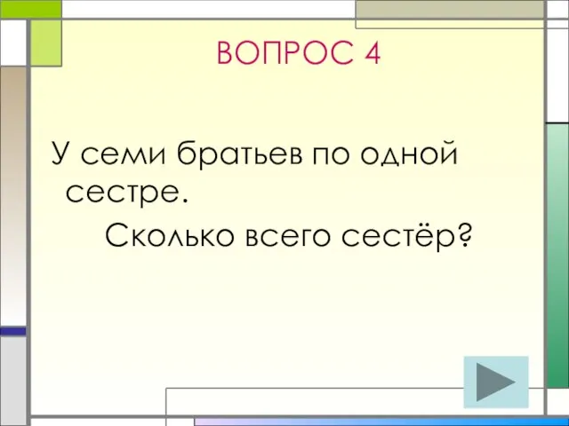 ВОПРОС 4 У семи братьев по одной сестре. Сколько всего сестёр?