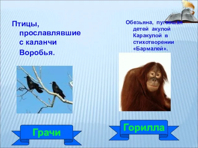 Птицы, прославлявшие с каланчи Воробья. Грачи Обезьяна, пугавшая детей акулой Каракулой в стихотворении «Бармалей». Горилла