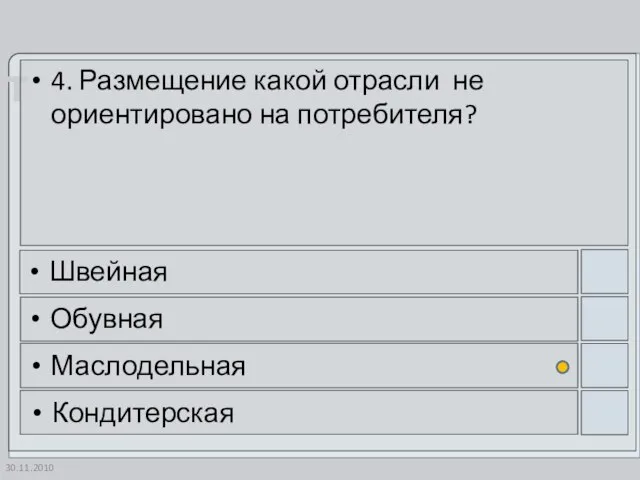 30.11.2010 4. Размещение какой отрасли не ориентировано на потребителя? Швейная Обувная Маслодельная Кондитерская