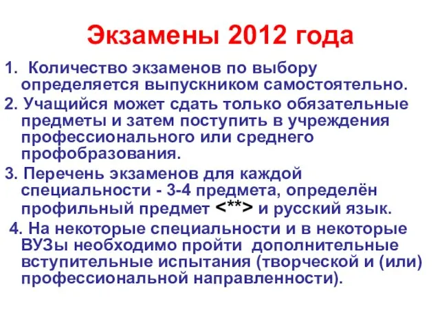 Экзамены 2012 года 1. Количество экзаменов по выбору определяется выпускником самостоятельно. 2.