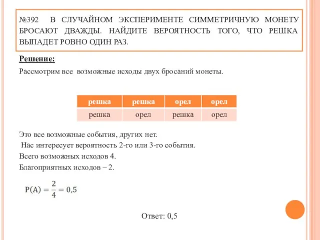 №392 В СЛУЧАЙНОМ ЭКСПЕРИМЕНТЕ СИММЕТРИЧНУЮ МОНЕТУ БРОСАЮТ ДВАЖДЫ. НАЙДИТЕ ВЕРОЯТНОСТЬ ТОГО, ЧТО