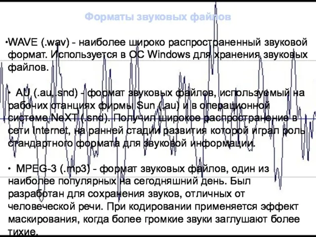Форматы звуковых файлов WAVE (.wav) - наиболее широко распространенный звуковой формат. Используется