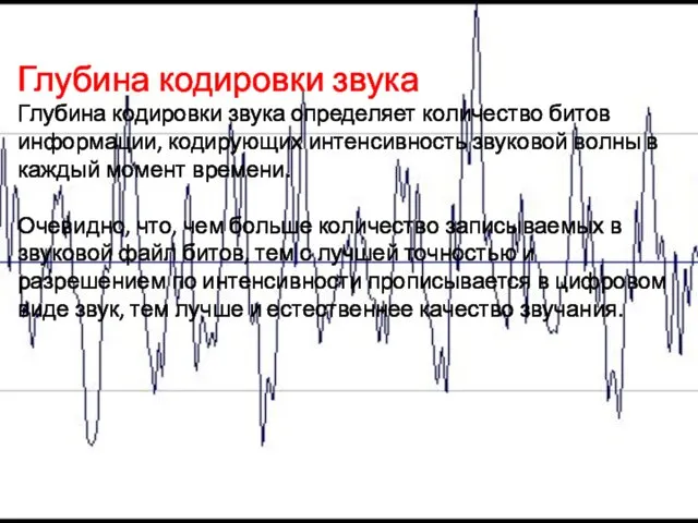 Глубина кодировки звука Глубина кодировки звука определяет количество битов информации, кодирующих интенсивность