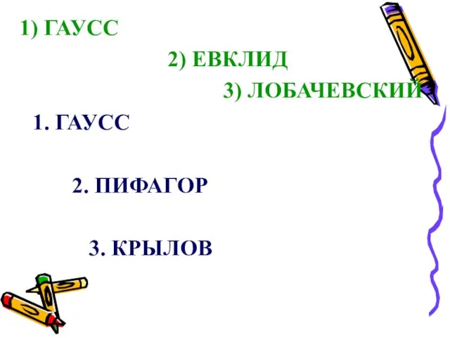 ГАУСС 2) ЕВКЛИД 3) ЛОБАЧЕВСКИЙ 1. ГАУСС 2. ПИФАГОР 3. КРЫЛОВ