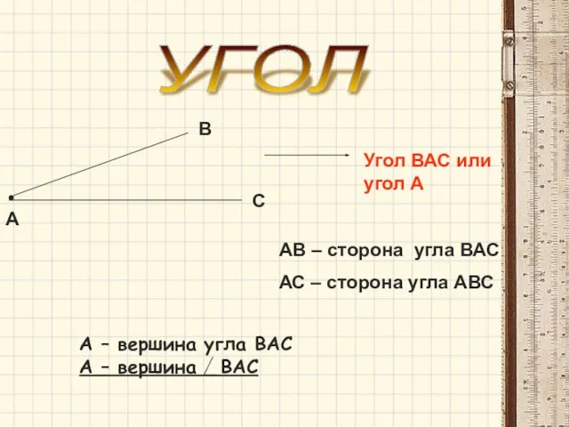 А В С АВ – сторона угла ВАС АС – сторона угла