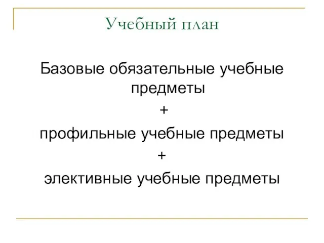 Учебный план Базовые обязательные учебные предметы + профильные учебные предметы + элективные учебные предметы