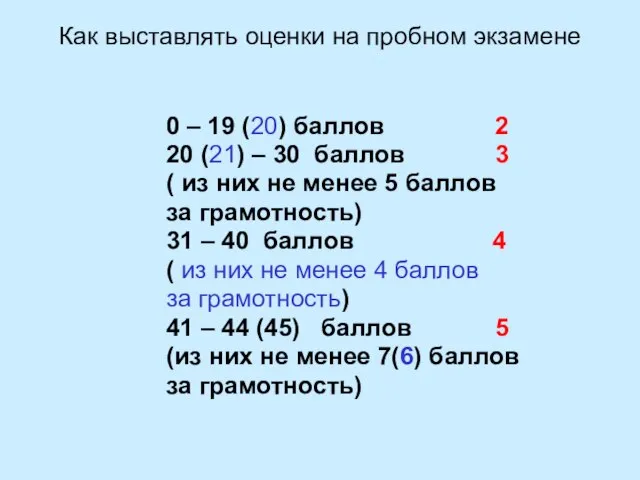 Как выставлять оценки на пробном экзамене 0 – 19 (20) баллов 2