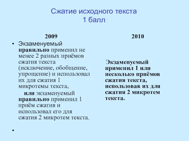 Сжатие исходного текста 1 балл 2009 Экзаменуемый правильно применил не менее 2