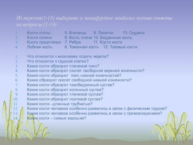 Из перечня(1-13) выберите и зашифруйте наиболее полные ответы на вопросы (1-14) Кости