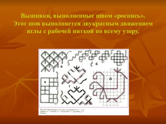 Вышивки, выполненные швом «роспись». Этот шов выполняется двукратным движением иглы с рабочей ниткой по всему узору.