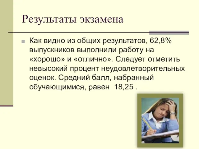 Результаты экзамена Как видно из общих результатов, 62,8% выпускников выполнили работу на