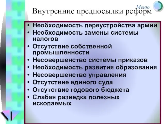 Необходимость переустройства армии Необходимость замены системы налогов Отсутствие собственной промышленности Несовершенство системы