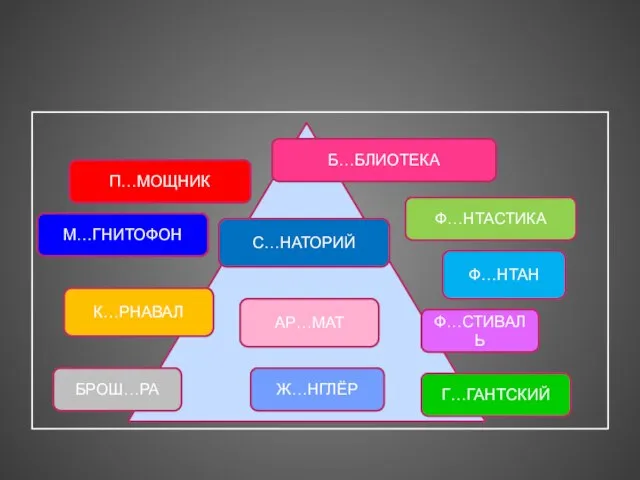 БРОШ…РА К…РНАВАЛ М…ГНИТОФОН Ж…НГЛЁР АР…МАТ Ф…НТАН Ф…СТИВАЛЬ Г…ГАНТСКИЙ С…НАТОРИЙ Ф…НТАСТИКА П…МОЩНИК Б…БЛИОТЕКА