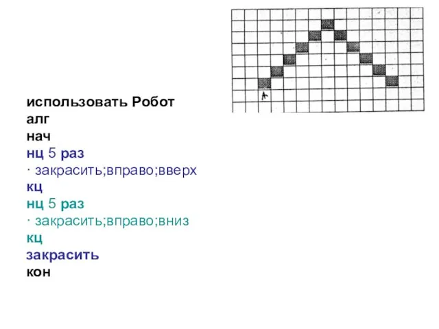 использовать Робот алг нач нц 5 раз · закрасить;вправо;вверх кц нц 5