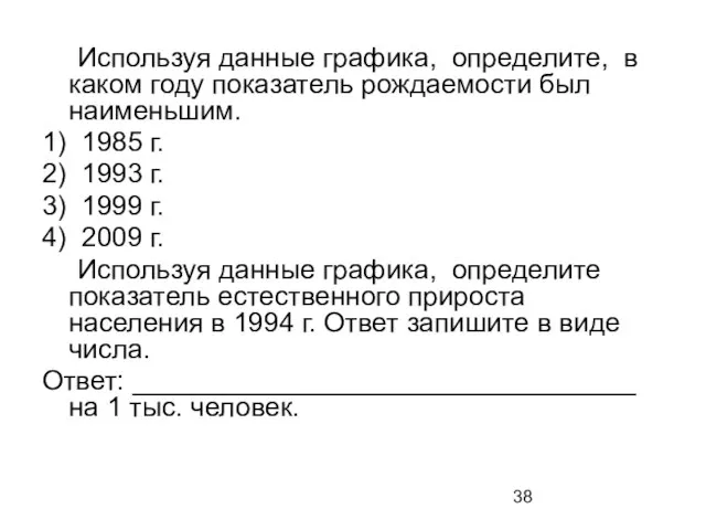 Используя данные графика, определите, в каком году показатель рождаемости был наименьшим. 1)