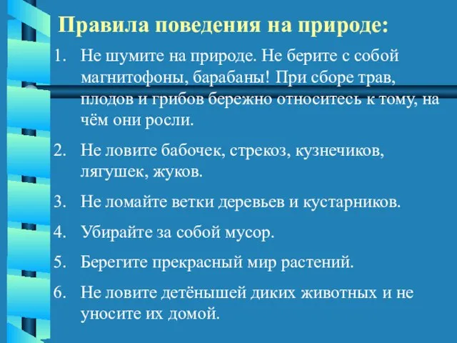 Правила поведения на природе: Не шумите на природе. Не берите с собой