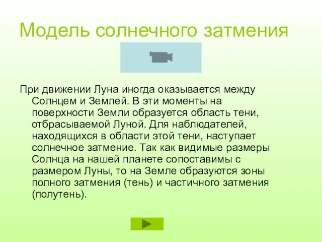 Модель солнечного затмения При движении Луна иногда оказывается между Солнцем и Землей.