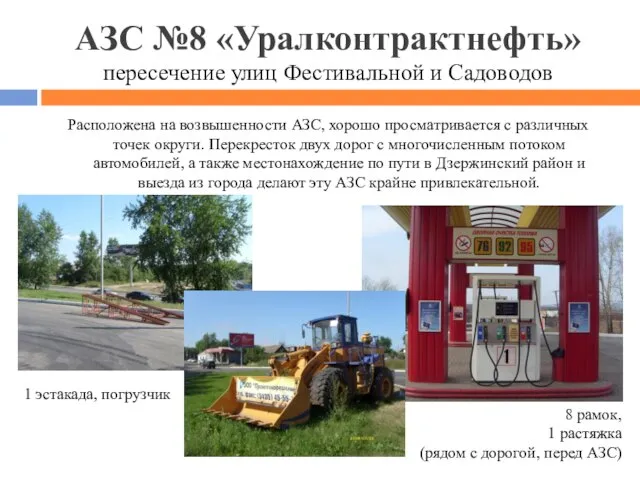 АЗС №8 «Уралконтрактнефть» пересечение улиц Фестивальной и Садоводов Расположена на возвышенности АЗС,