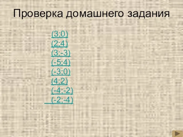 Проверка домашнего задания (3;0) (2;4) (3;-3) (-5;4) (-3;0) (4;2) (-4;-2) (-2;-4)