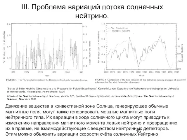 III. Проблема вариаций потока солнечных нейтрино. “Status of Solar Neutrino Observations and