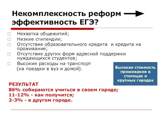 Некомплексность реформ эффективность ЕГЭ? Нехватка общежитий; Низкие стипендии; Отсутствие образовательного кредита и