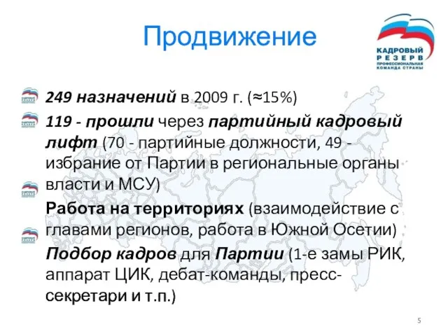 Продвижение 249 назначений в 2009 г. (≈15%) 119 - прошли через партийный