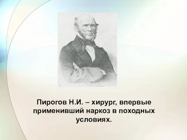 Пирогов Н.И. – хирург, впервые применивший наркоз в походных условиях.