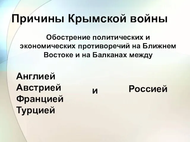 Причины Крымской войны Обострение политических и экономических противоречий на Ближнем Востоке и