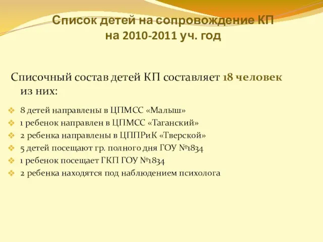 Списочный состав детей КП составляет 18 человек из них: 8 детей направлены