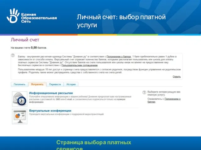 Страница выбора платных сервисов Личный счет: выбор платной услуги