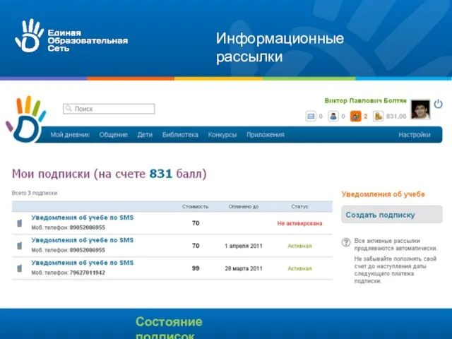 Информационные рассылки Состояние подписок