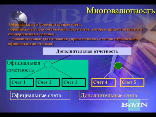 Многовалютность Официальные и дополнительные счета: - официальные (для составления документов, которые предоставляются