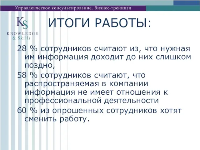 ИТОГИ РАБОТЫ: 28 % сотрудников считают из, что нужная им информация доходит