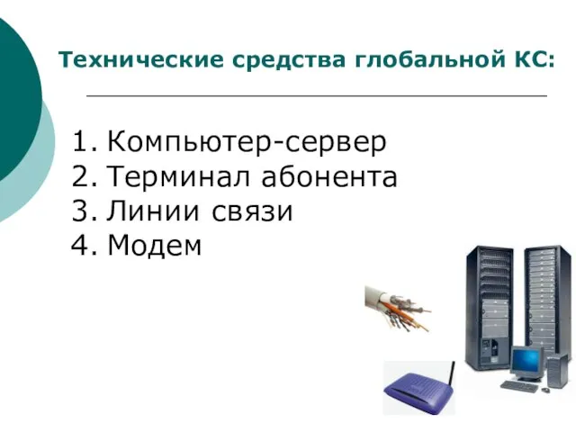 Технические средства глобальной КС: Компьютер-сервер Терминал абонента Линии связи Модем