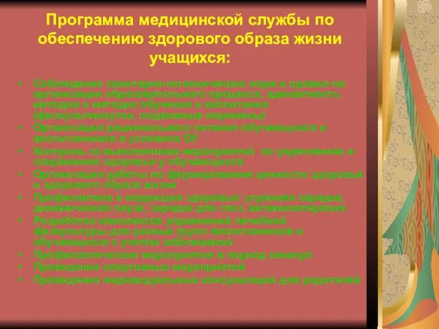 Программа медицинской службы по обеспечению здорового образа жизни учащихся: Соблюдение санитарно-гигиенических норм