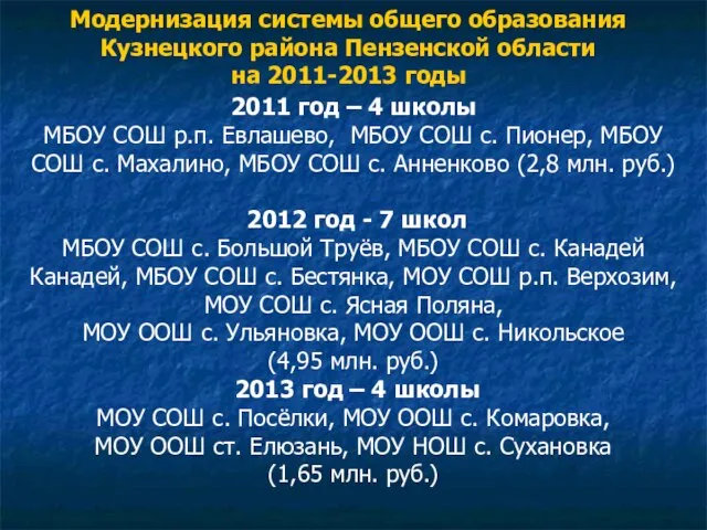 Модернизация системы общего образования Кузнецкого района Пензенской области на 2011-2013 годы 2011