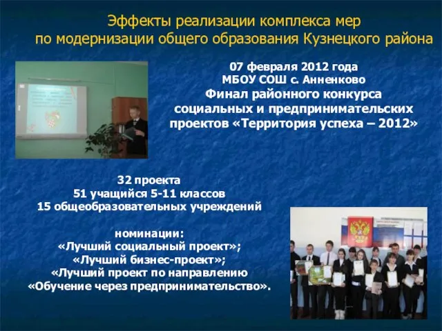 Эффекты реализации комплекса мер по модернизации общего образования Кузнецкого района 32 проекта